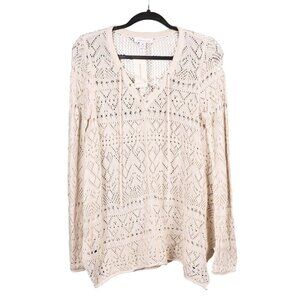 Crochet Knit Shirt M Beige Sheer Cover Up Long Sleeve Tunic Sweater Lace Up Boho